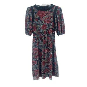 Vtg Floral Puff Sleeve Dress Dark Romantic Sheer Whimsical Union Tag Sz 6